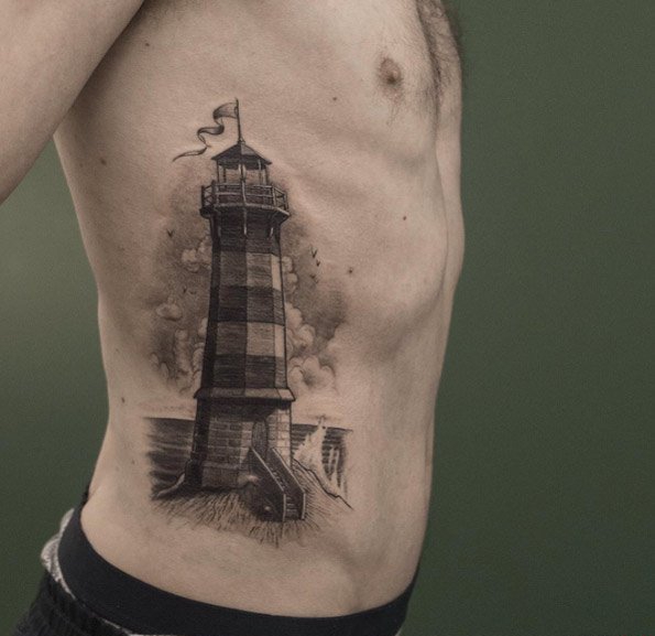 男性黑色的简易纹身素描小灯塔纹身点刺技巧纹身图案