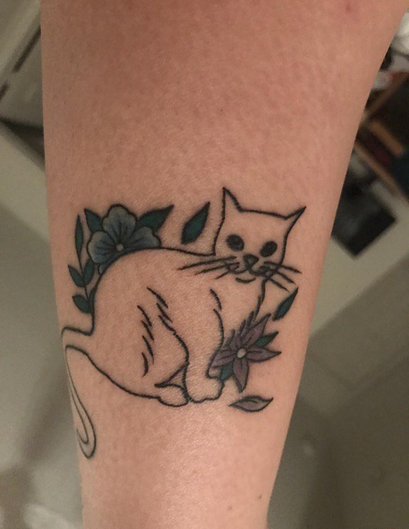手臂上纹身黑白灰风格点刺纹身植物纹身素材猫纹身图片