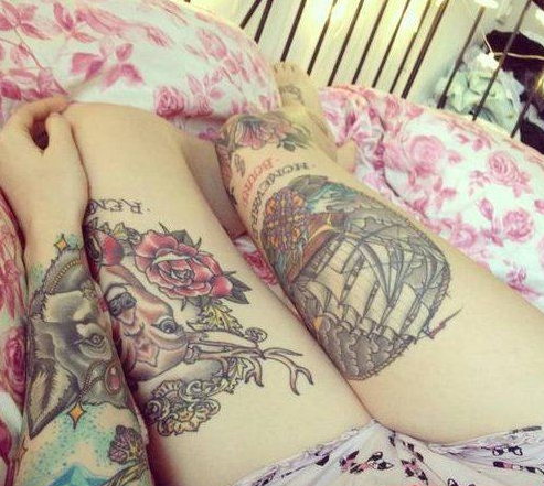 美女腿部唯美好看的彩绘纹身图案