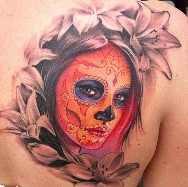 背部超有个性的女鬼肖像纹身图案