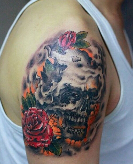 欧美骷髅玫瑰创意手臂纹身图片