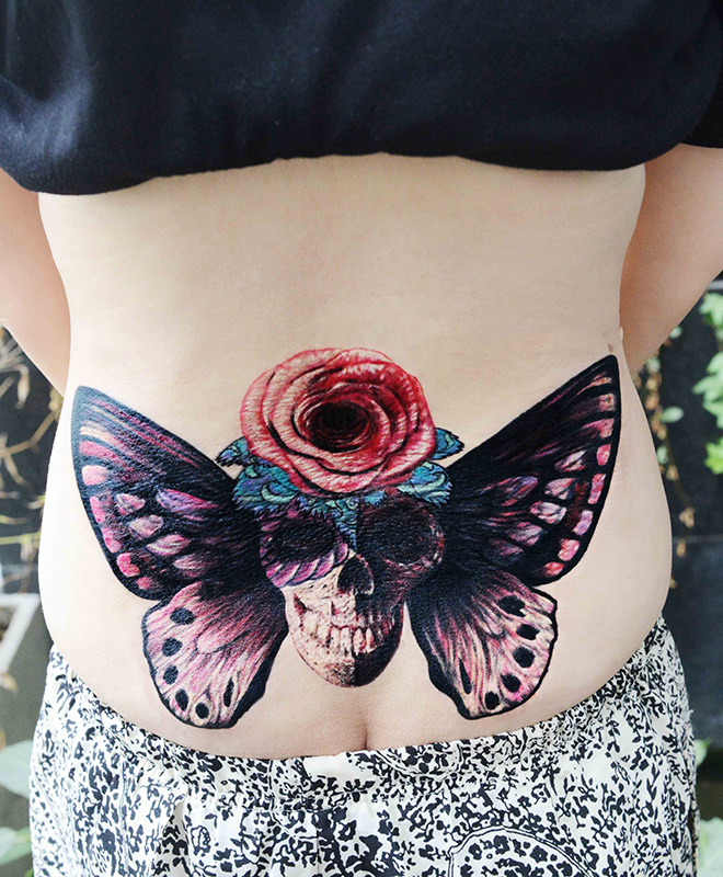 蝴蝶与骷髅玫瑰腰部纹身图案