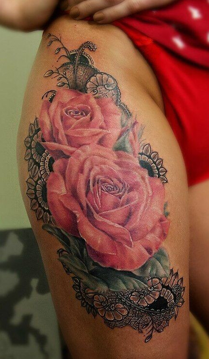 大腿盛开的玫瑰花纹身图案