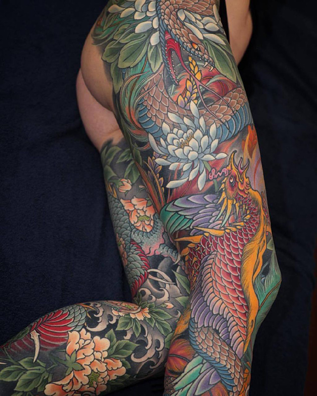 花腿霸气凤凰与蛇彩绘纹身图案