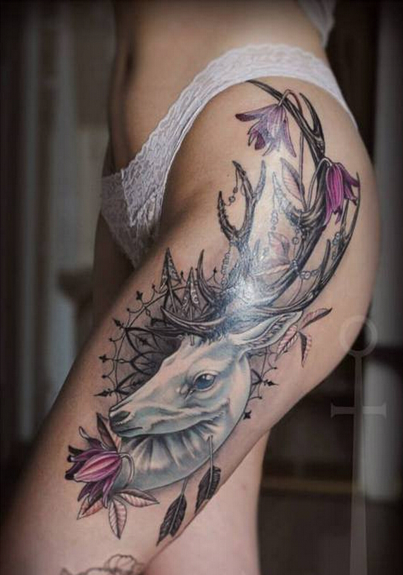 时尚女性腿部个性羚羊花蕊纹身图案