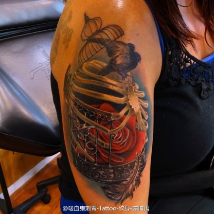 手臂彩绘笼子玫瑰和小鸟纹身图案