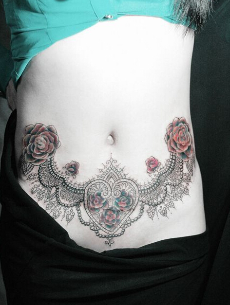 性感蕾丝玫瑰个性腹部纹身图案