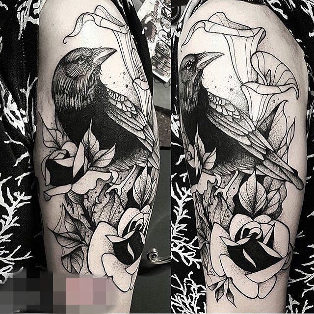 手臂黑白灰风格点刺鸟植物素材花朵简单线条纹身图片