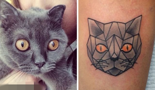 女生个性黑白简约线条小动物猫咪纹身图案