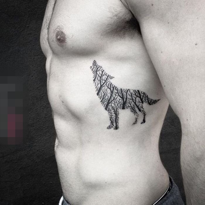 男生喜爱的凶残霸气的点刺技巧几何线条狼头纹身图案