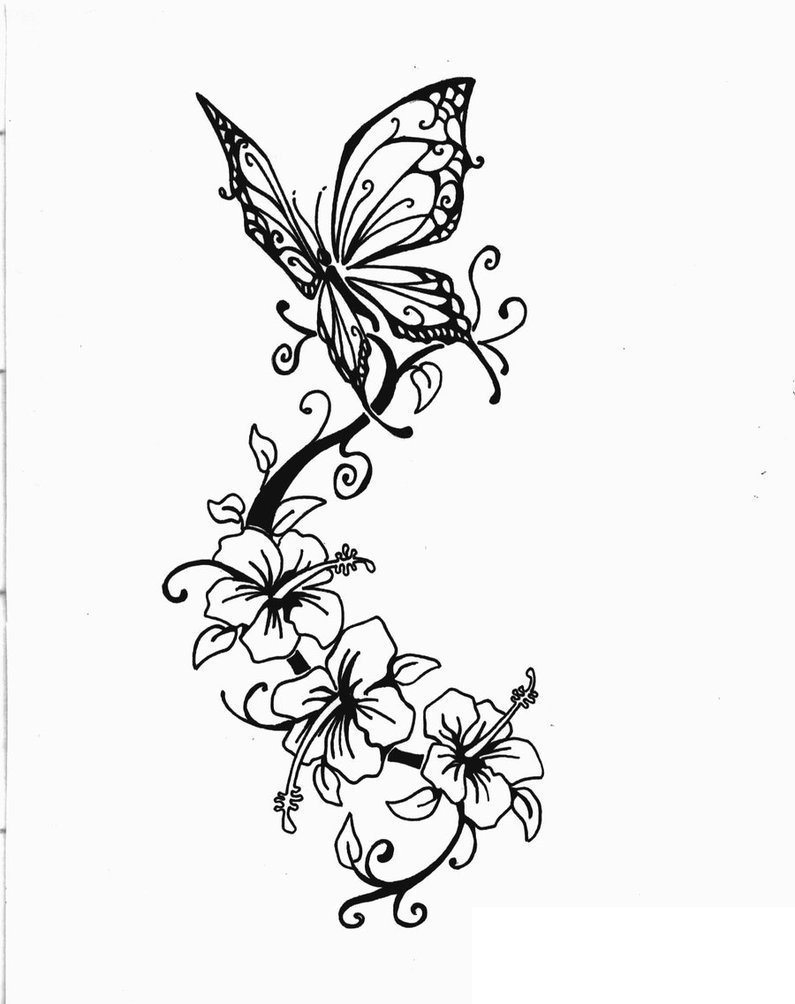 黑色的蝴蝶和植物藤花朵的简单线条纹身手稿