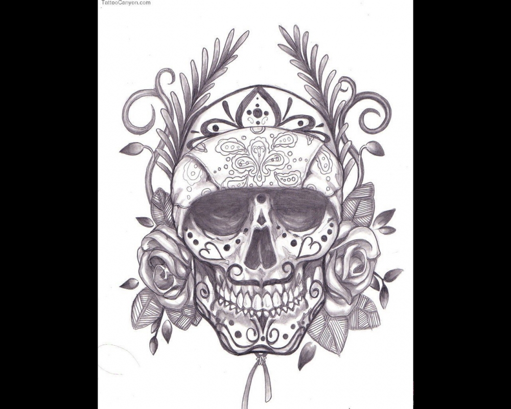 黑色的素描风格几何对称植物藤花朵和骷髅头纹身手稿