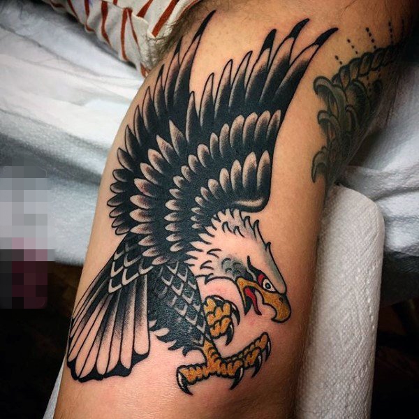 女生小腿上黑色素描创意个性老鹰纹身图片