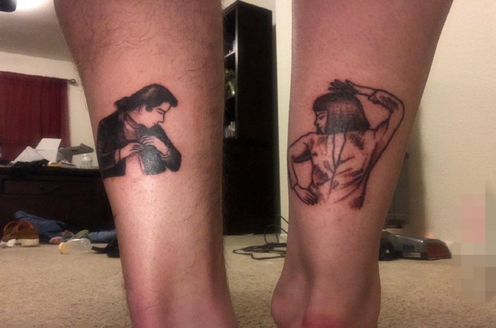 情侣脚踝上黑灰色创意人物肖像纹身图片