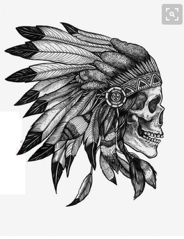 适合男生的黑灰色骷髅头与印第安头饰纹身手稿素材