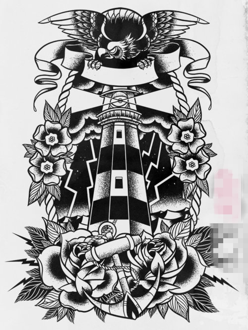 黑色素描创意个性花朵和老鹰灯塔纹身手稿