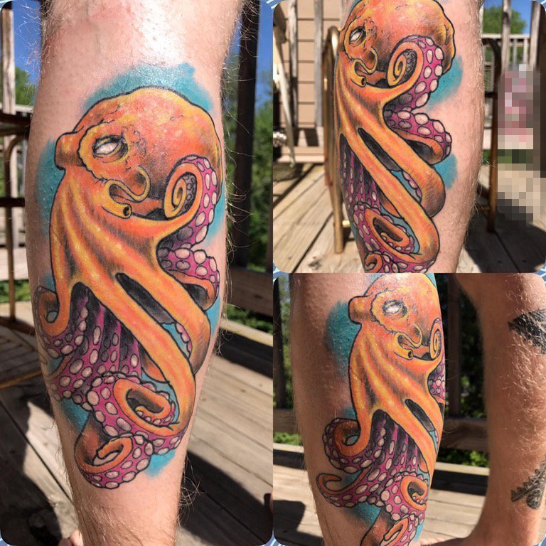 男生腿上彩绘技巧个性章鱼喷墨纹身图片