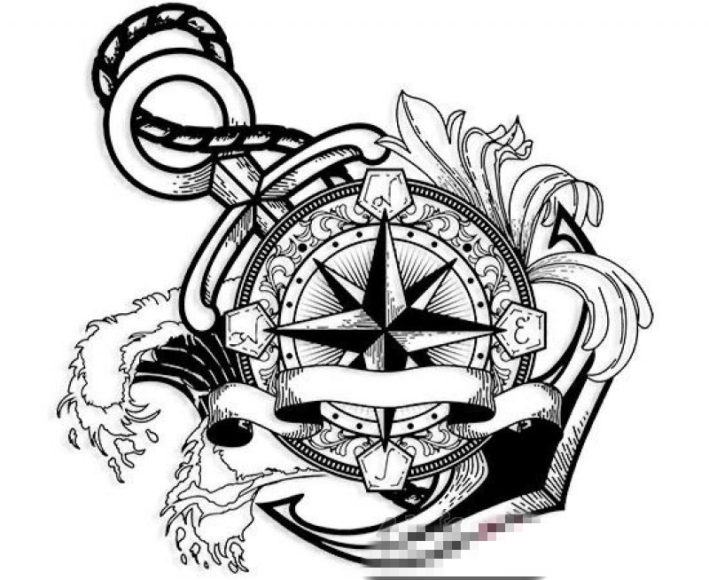 黑色的几何素描风格指南针和船锚纹身手稿