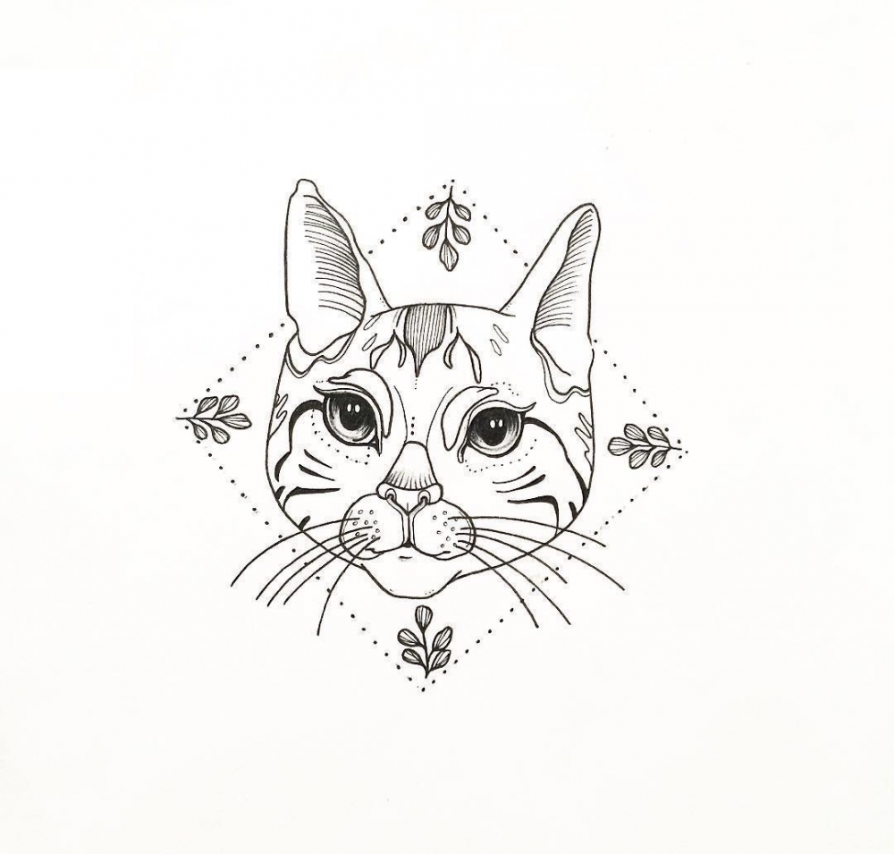黑色素描几何元素菱形树叶框中创意花纹猫咪纹身手稿