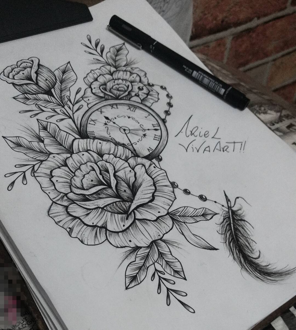 黑色素描点刺技巧唯美花朵和怀表纹身手稿