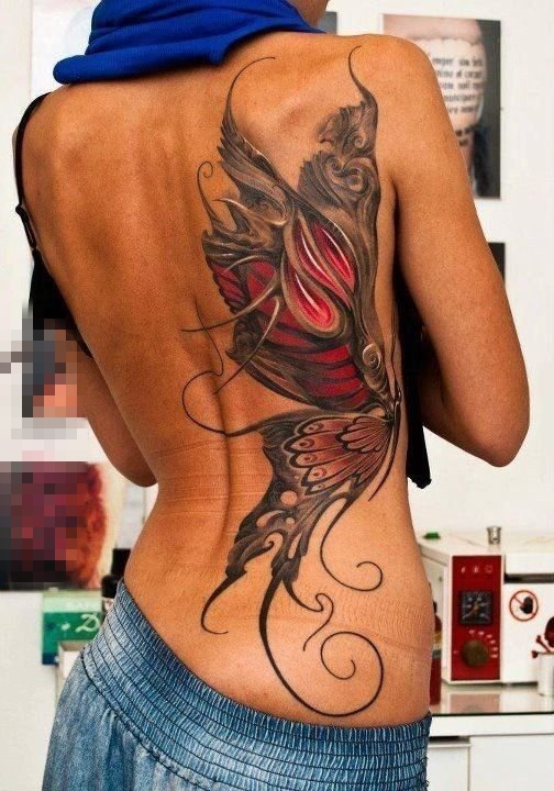女生背部彩绘素描创意个性霸气蝴蝶大面积纹身图片