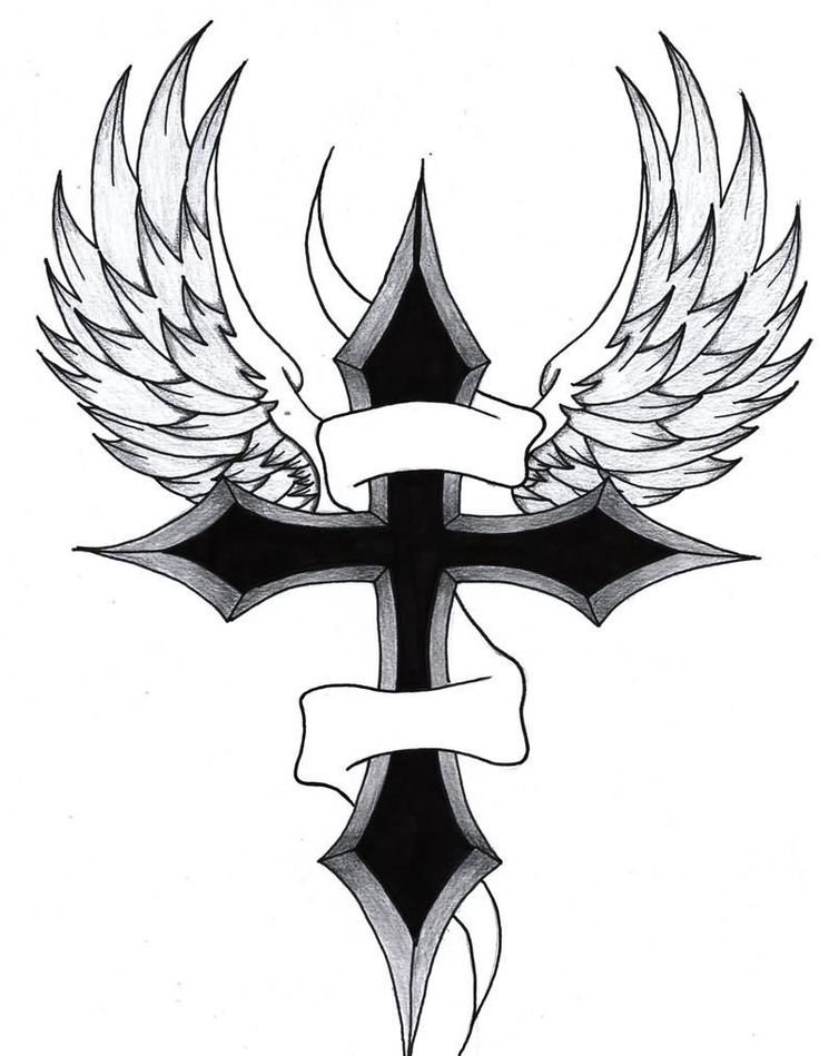 男性超喜爱的黑色的翅膀十字架纹身手稿素材