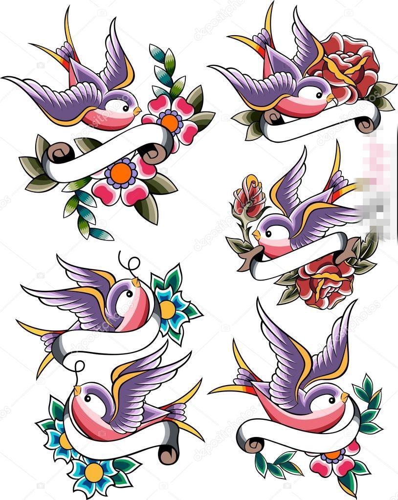漂亮的彩色的小动物纹身鸟和花朵纹身手稿