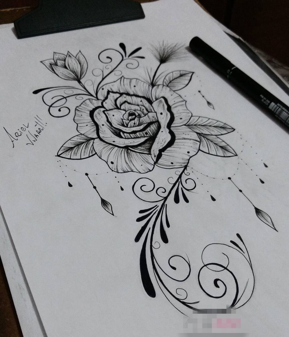 黑色素描点刺技巧创意唯美花朵纹身手稿