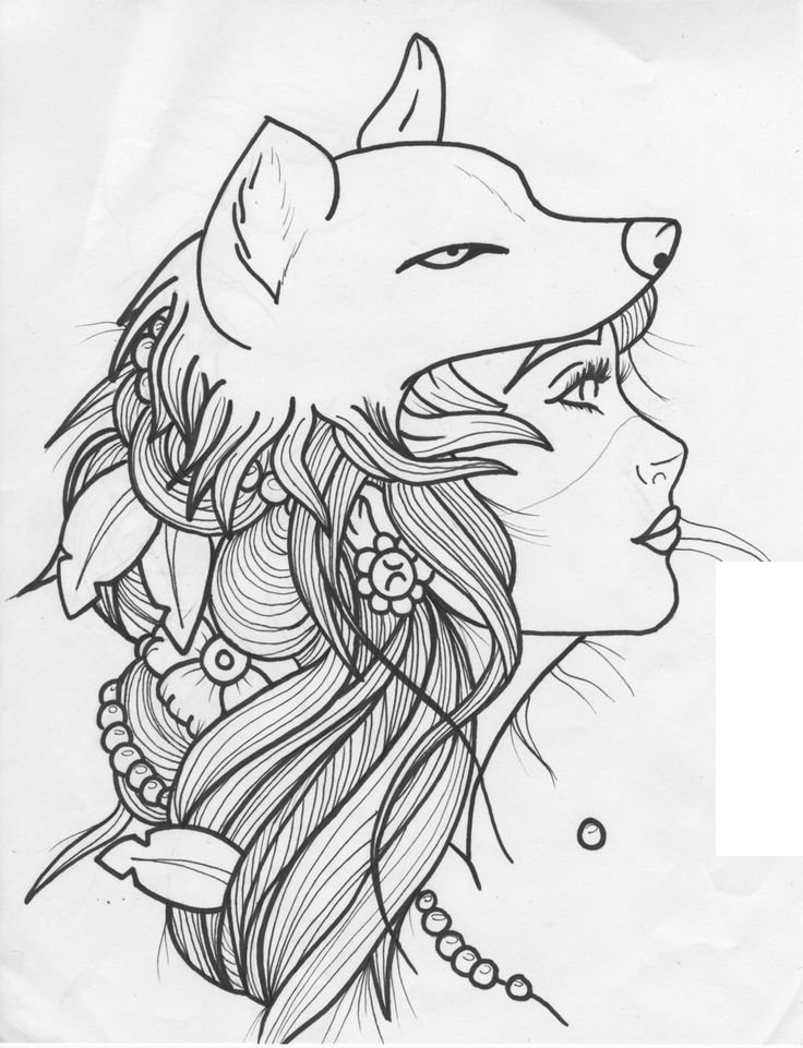 漂亮的黑色狐狸头女人简单线条纹身手稿