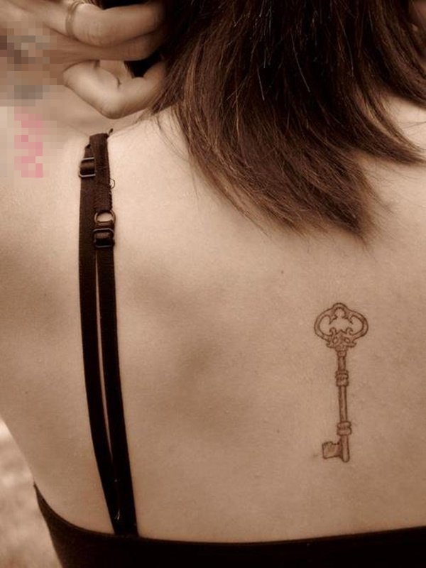 女生后背上彩绘点刺技巧几何元素抽象线条钥匙纹身图片