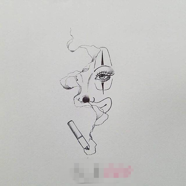 创意的黑色抽象线条烟雾和人物肖像纹身手稿
