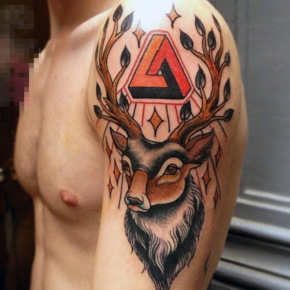 憨厚可爱的植物素材花朵和小动物麋鹿纹身图案