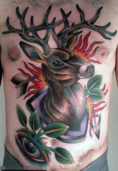 憨厚可爱的植物素材花朵和小动物麋鹿纹身图案