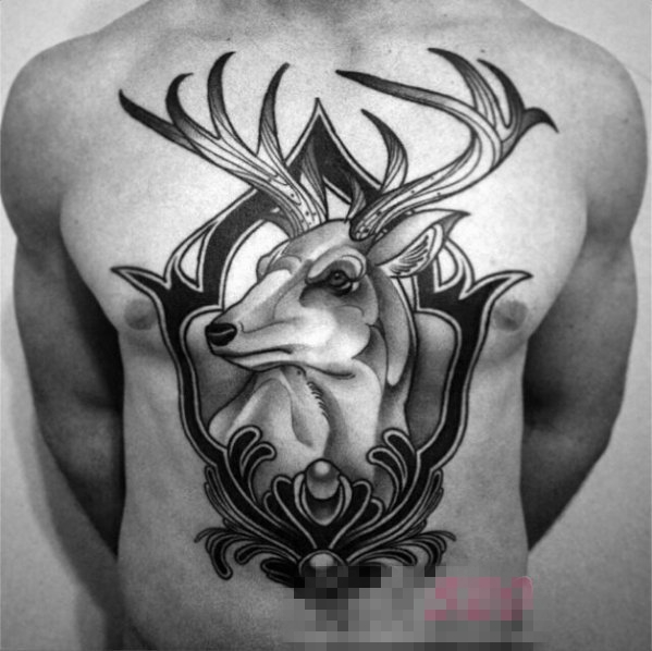 憨厚可爱的植物素材花朵和小动物麋鹿纹身图案