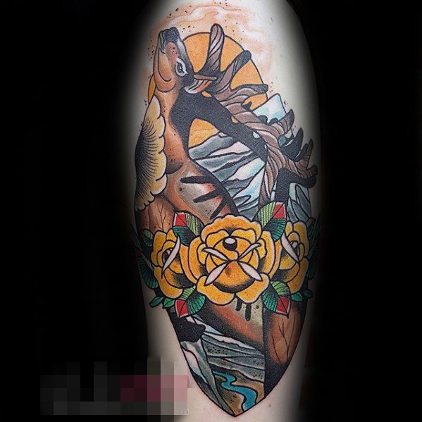 憨厚可爱的植物素材花朵和小动物麋鹿纹身图案