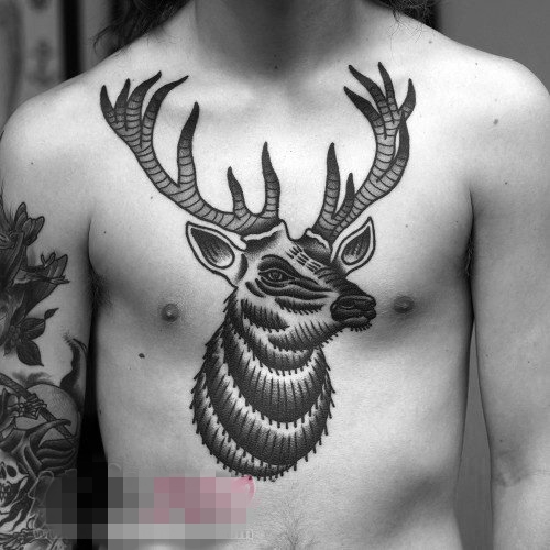 憨厚可爱的植物素材花朵和小动物麋鹿纹身图案