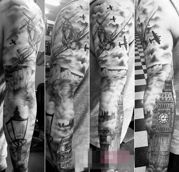 男生手臂上黑色素描点刺技巧建筑大本钟纹身图片