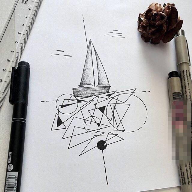 个性的黑色点刺几何线条帆船纹身手稿