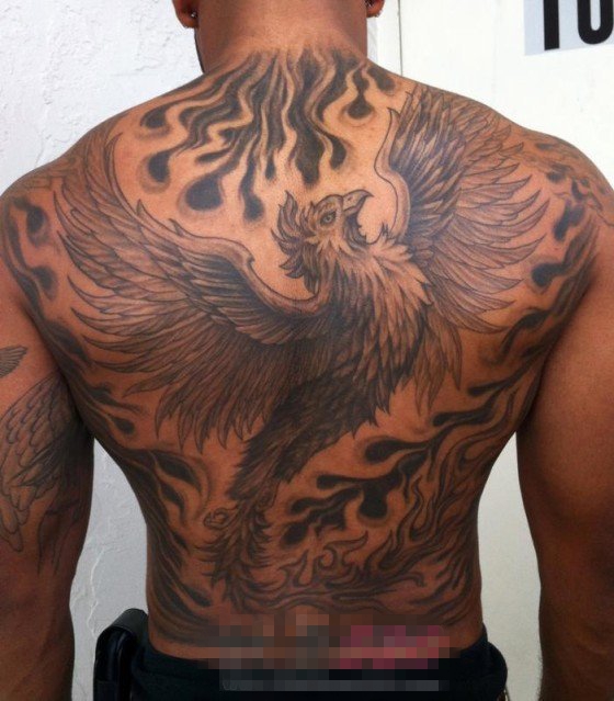 男生背部黑色线条素描创意凤凰大面积纹身图片
