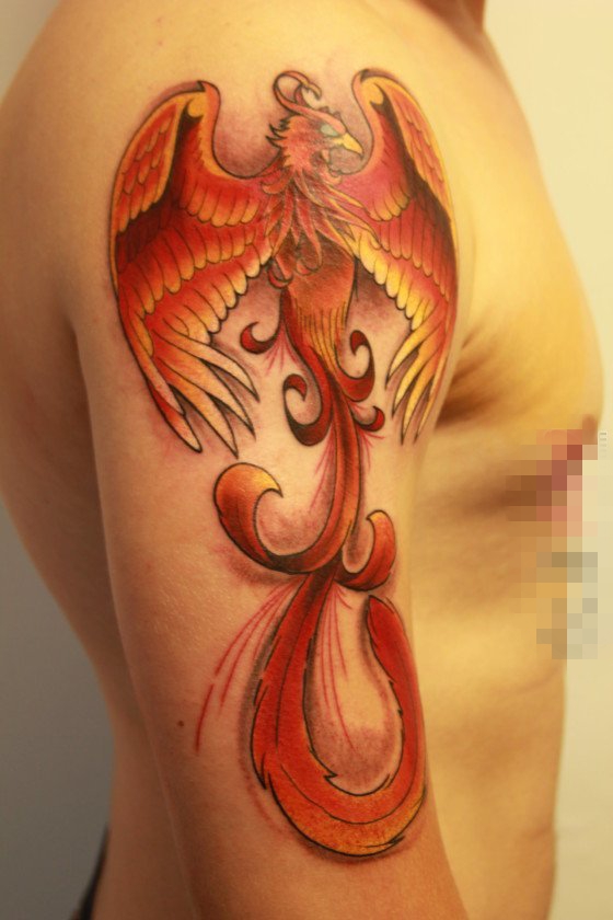 男生手臂上彩绘水彩创意凤凰纹身图片