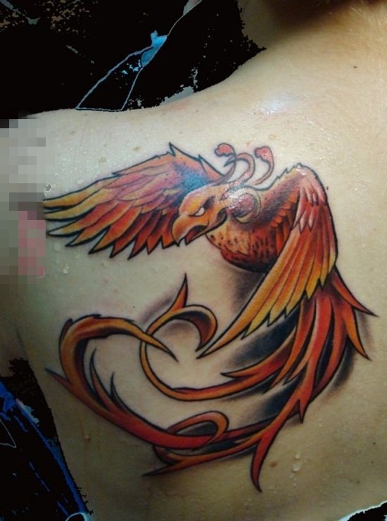 女生背部彩绘水彩创意个性红色展翅凤凰纹身图片