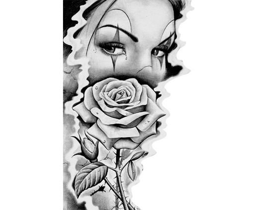黑色素描唯美女生人像和玫瑰纹身手稿