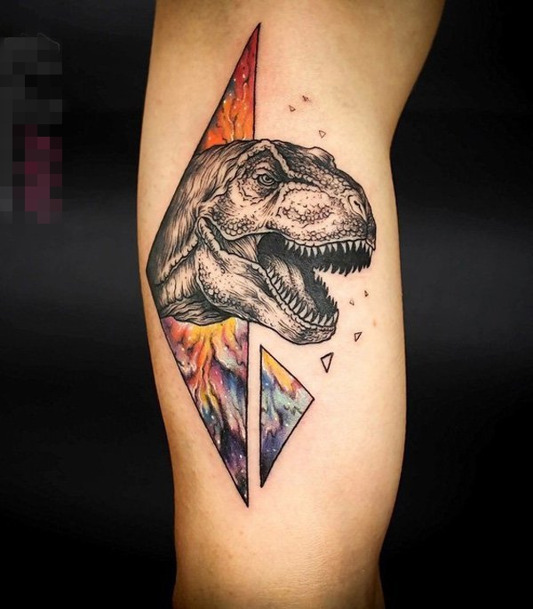 女生小腿上黑色素描彩绘菱形恐龙纹身图片