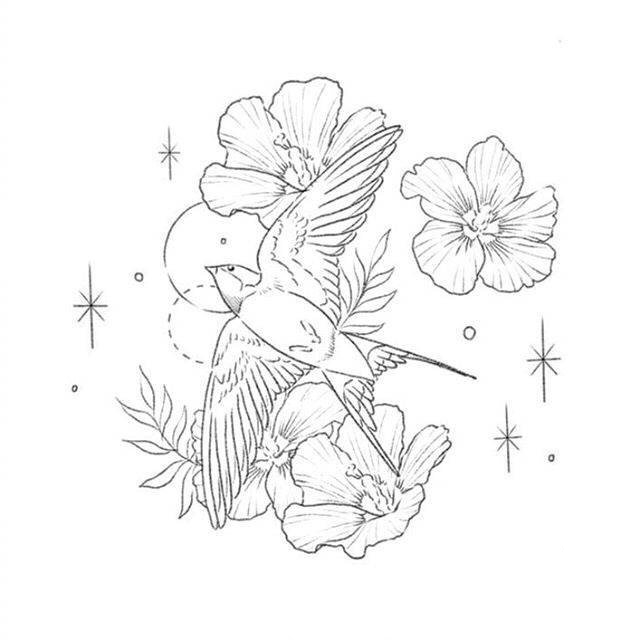 个性的黑色抽象线条植物花朵和小鸟纹身手稿