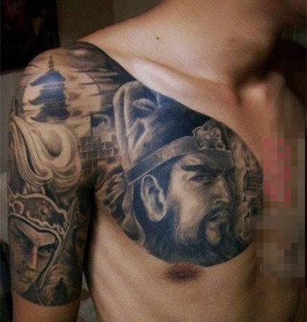 勇猛威武的黑色点刺抽象线条人物肖像关公纹身图案