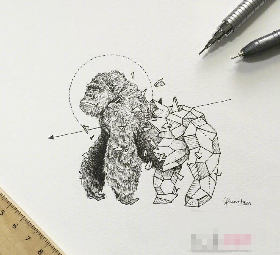 黑色线条素描创意动物猩猩几何元素抽象纹身图片