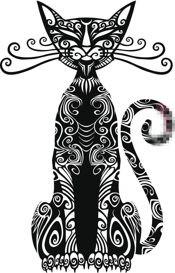 个性的黑色抽象线条小动物猫咪纹身手稿