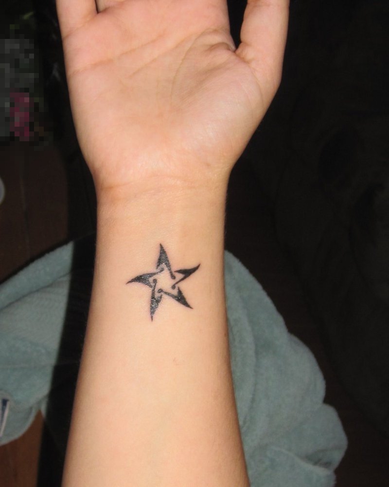 女生手臂上黑色线条创意文艺五角星纹身图片