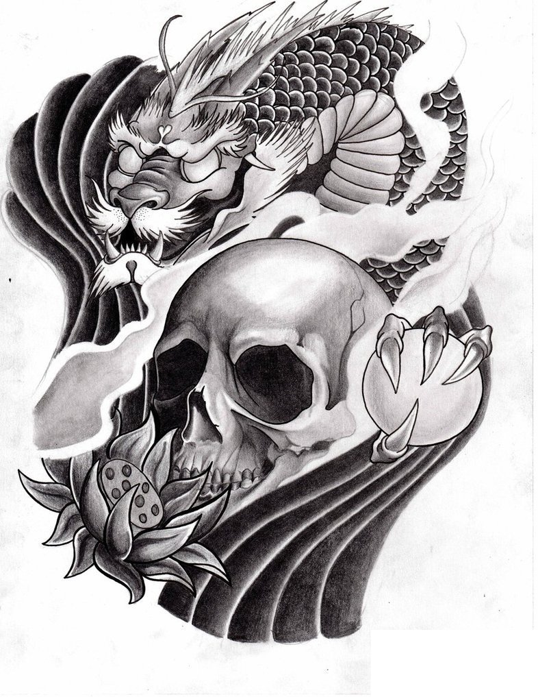 黑灰素描创意骷髅花朵以及龙图腾抽象纹身手稿