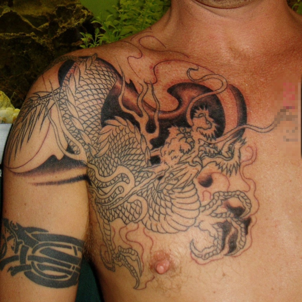 男生胸口上黑色线条素描霸气龙图腾纹身图片